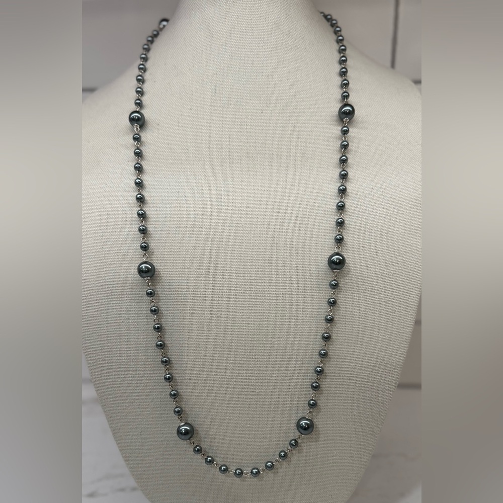 👑 Crown Trifari Silver Tone Long Necklace w/ Blue-Gray Beads—34” 💙✨